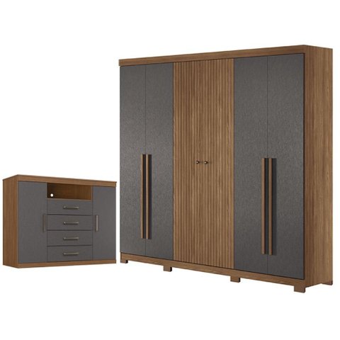 Guarda Roupa Casal Ripado 6 Portas Buriti com Pés e Cômoda Havana Master Jatobá Grafite Acetinado