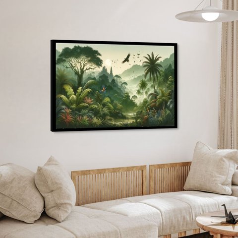 Quadro Decorativo Tropical Verde Pássaros - 50x70cm:moldura Preta