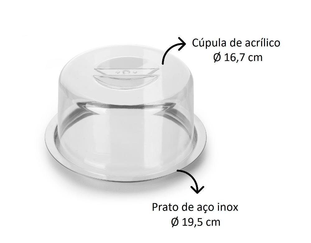 Prato para Guardar Queijo Minas na Geladeira Base Inox Cupula Acrilico Multiuso 16cm Mini Boleira - 3