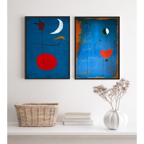Kit 2 Quadros Miró Azul e Vermelho 33x24cm - com Vidro:madeira Branca
