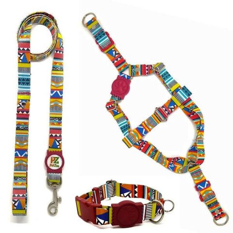 Conjunto Coleira, Peitoral e Guia para Cachorro - Tamanho Médio - Modelo Afrika