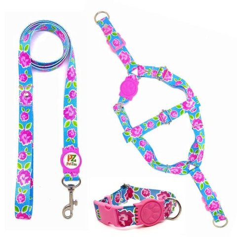 Conjunto Coleira,peitoral e Guia para Cachorro - Tamanho Grande - Modelo Flores