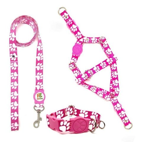 Conjunto Coleira,peitoral e Guia para Cachorro - Tamanho Grande - Modelo Pata Rosa