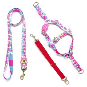 Conjunto peitoral, guia e cinto para cachorro - Tamanho Pequeno - Modelo Flamingo