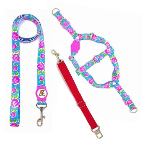 Conjunto Peitoral, Guia e Cinto para Cachorro - Tamanho Pequeno - Modelo Flores