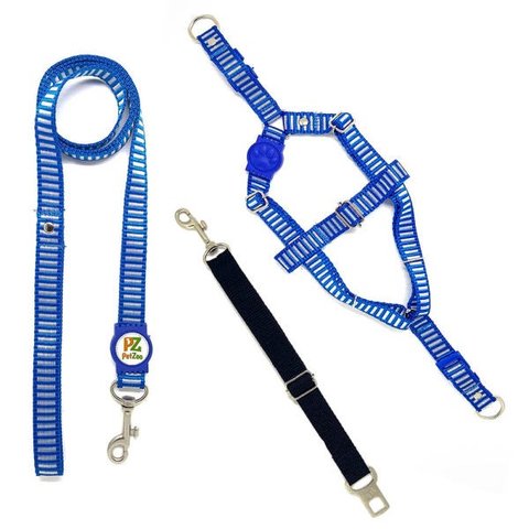 Conjunto peitoral, guia e cinto para cachorro - Tamanho Médio - Modelo Listrado Azul