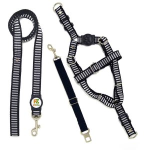 Conjunto peitoral, guia e cinto para cachorro - Tamanho Pequeno - Modelo Listrado Preto