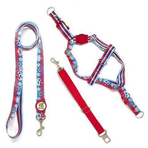 Conjunto Peitoral, Guia e Cinto para Cachorro - Tamanho Médio - Modelo Marinheiro