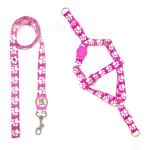Conjunto Peitoral e Guia para Cachorro - Tamanho Grande - Modelo Pata Rosa