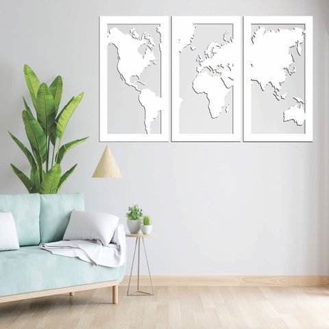 Quadro Decoração Vazado Mapa Mundi Mdf 6mm Branco 100x60 Cm