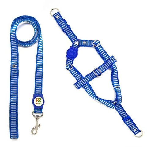 Conjunto Peitoral e Guia para Cachorro - Tamanho Médio - Modelo Listrado Azul