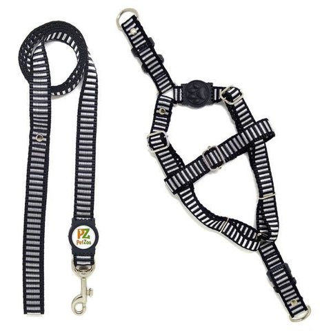 Conjunto Peitoral e Guia para Cachorro - Tamanho Médio - Modelo Listrado Preto