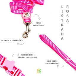 Conjunto peitoral e guia para cachorro - Tamanho Pequeno - Modelo Listrado Rosa - 4