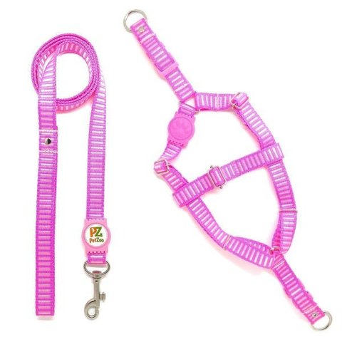 Conjunto Peitoral e Guia para Cachorro - Tamanho Médio - Modelo Listrado Rosa
