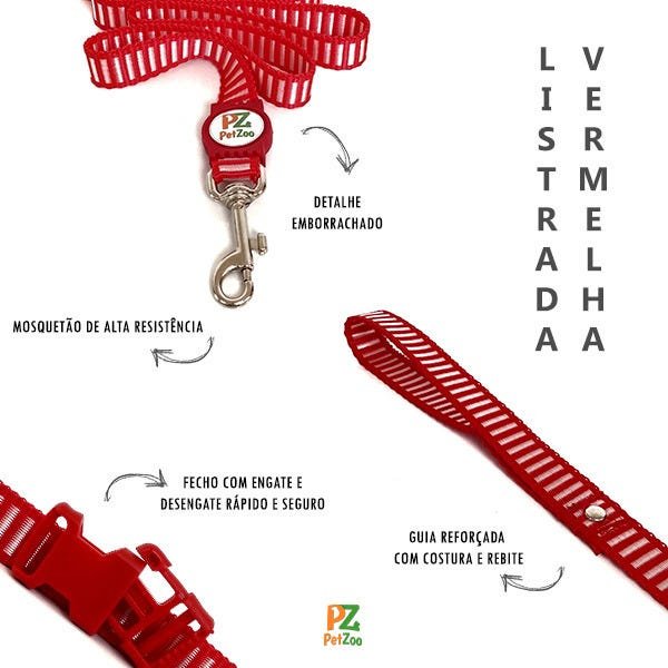 Conjunto peitoral e guia para cachorro - Tamanho Médio - Modelo Listrado Vermelho - 5