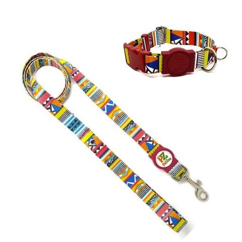 Conjunto Coleira e Guia para Cachorro - Tamanho Pequeno - Modelo Afrika