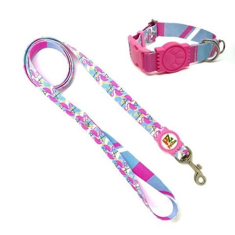 Conjunto Coleira e Guia para Cachorro - Tamanho Grande - Modelo Flamingo