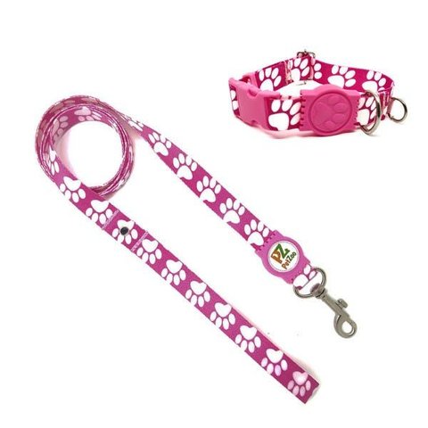 Conjunto Coleira e Guia para Cachorro - Tamanho Pequeno - Modelo Pata Rosa