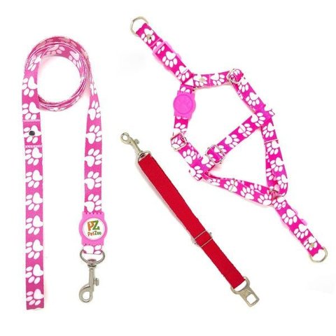 Conjunto Peitoral, Guia e Cinto para Cachorro - Tamanho Pequeno - Modelo Pata Rosa