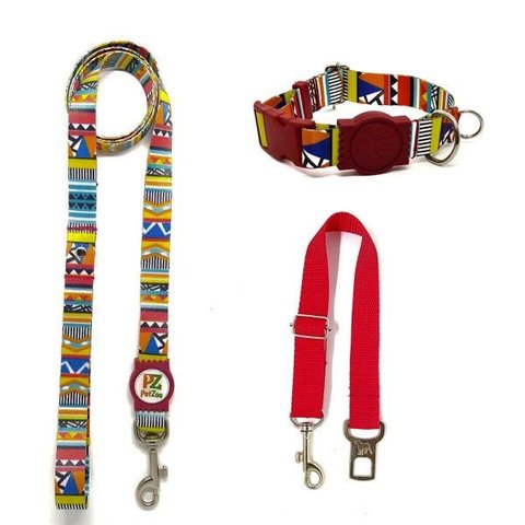 Conjunto Coleira, Guia e Cinto para Cachorro - Tamanho Pequeno - Modelo Afrika