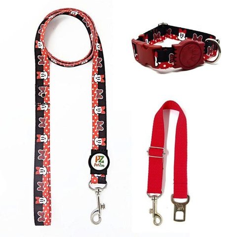 Conjunto Coleira, Guia e Cinto para Cachorro - Tamanho Pequeno - Modelo Minnie