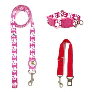 Conjunto Coleira, Guia e Cinto para Cachorro - Tamanho Médio - Modelo Pata Rosa