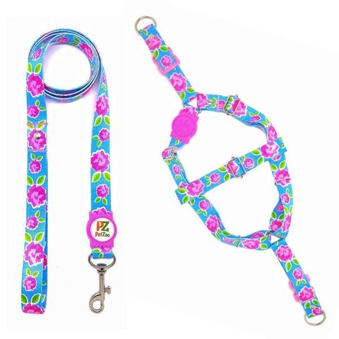 Conjunto Peitoral e Guia para Cachorro - Tamanho Médio - Modelo Flores