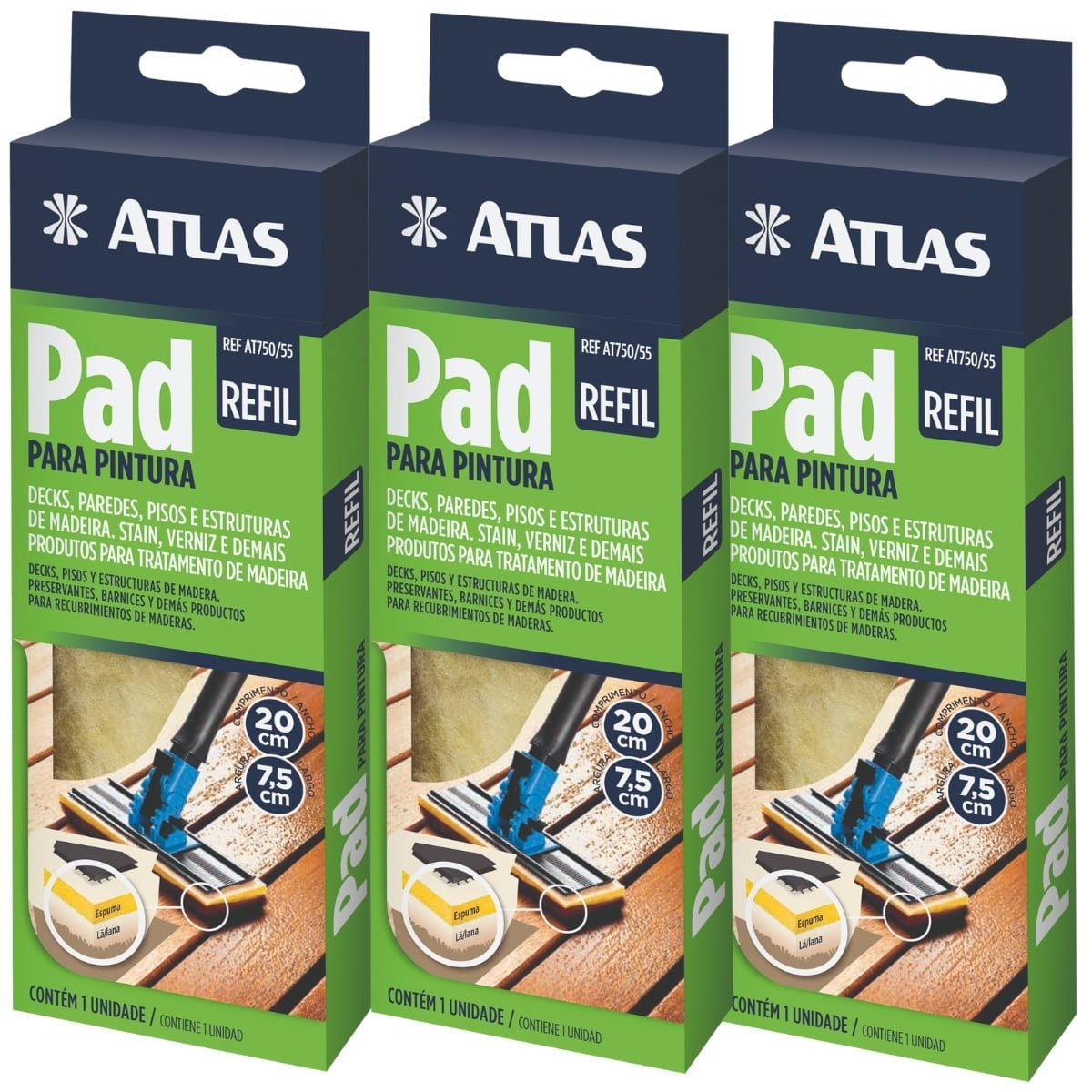 Refil de Pad para Pintura Deck Madeira Verniz | Atlas | Kit 03 Un