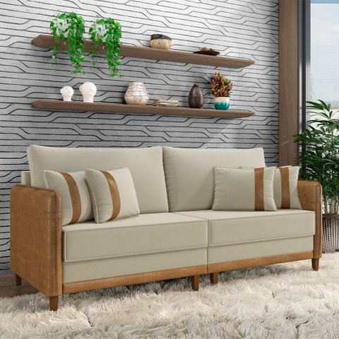 Sofá Montecarlo 2 Lugares 192cm Veludo/pu Bege/caramelo