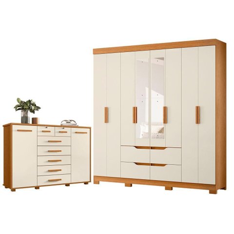 Guarda Roupa Casal Doble 08 Portas com Espelho e Cômoda Fontana Cinamomo Off White - Móveis