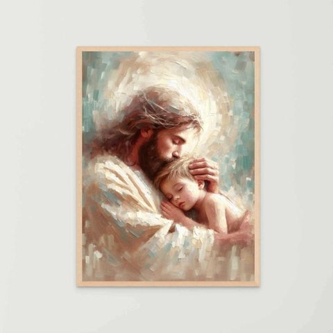 Quadro Decorativo Jesus Cristo e o Menino Abraçados Quarto Infantil Ref. 04