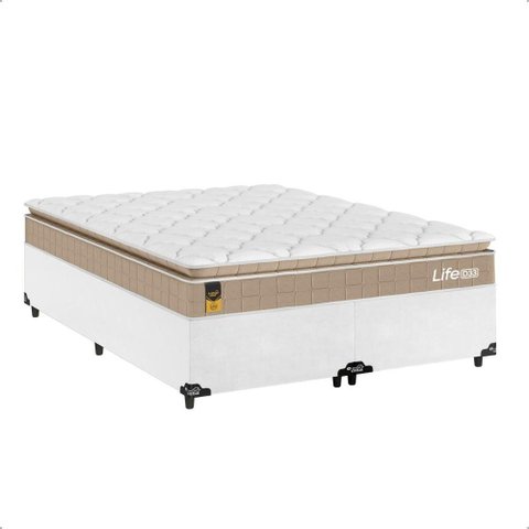 Cama Box Base Casal Bipartido Couro Branco + Colchão Life D33 Pillow Top Bege - 61x138x188cm - e-