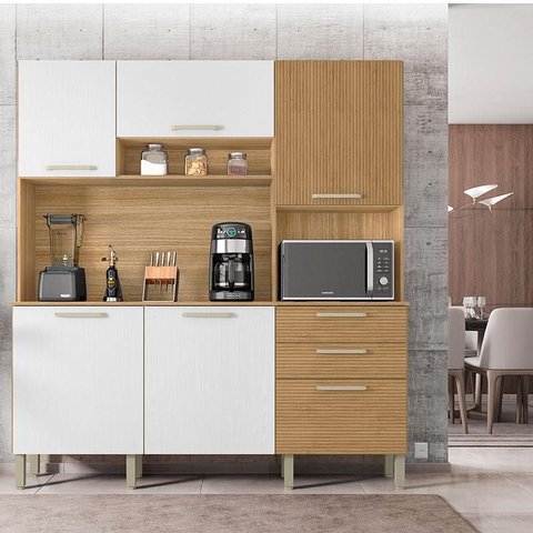 Cozinha Ferrara Plus 6 Portas e 2 Gavetas Freijó Supremo Ripado - Kits Paraná