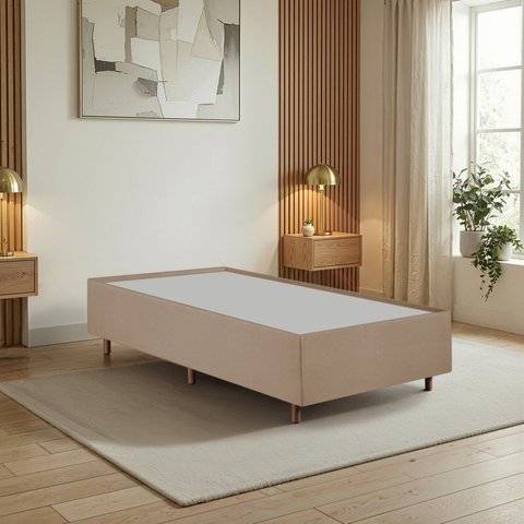 Cama Box Solteiro Estofada em Madeira Maciça Base Reforçada Santorini Espresso Móveis Bege/Dourado