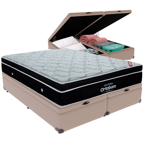 Cama Box Baú Airtech Antares Queen + Colchão de Molas Ensacadas - Ortobom - Spring - 158x198x67cm