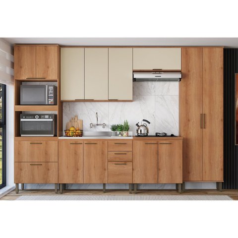 Kit Cozinha Completa 7 Peças 240cm em MDF Yescasa Freijó e Areia