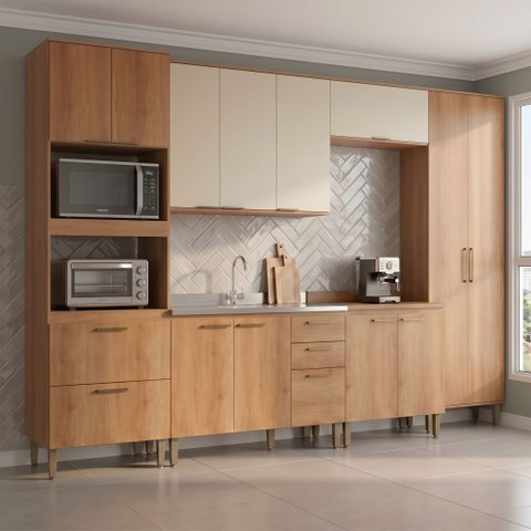 Kit Cozinha Completa 7 Peças 240cm em MDF Yescasa Freijó e Areia