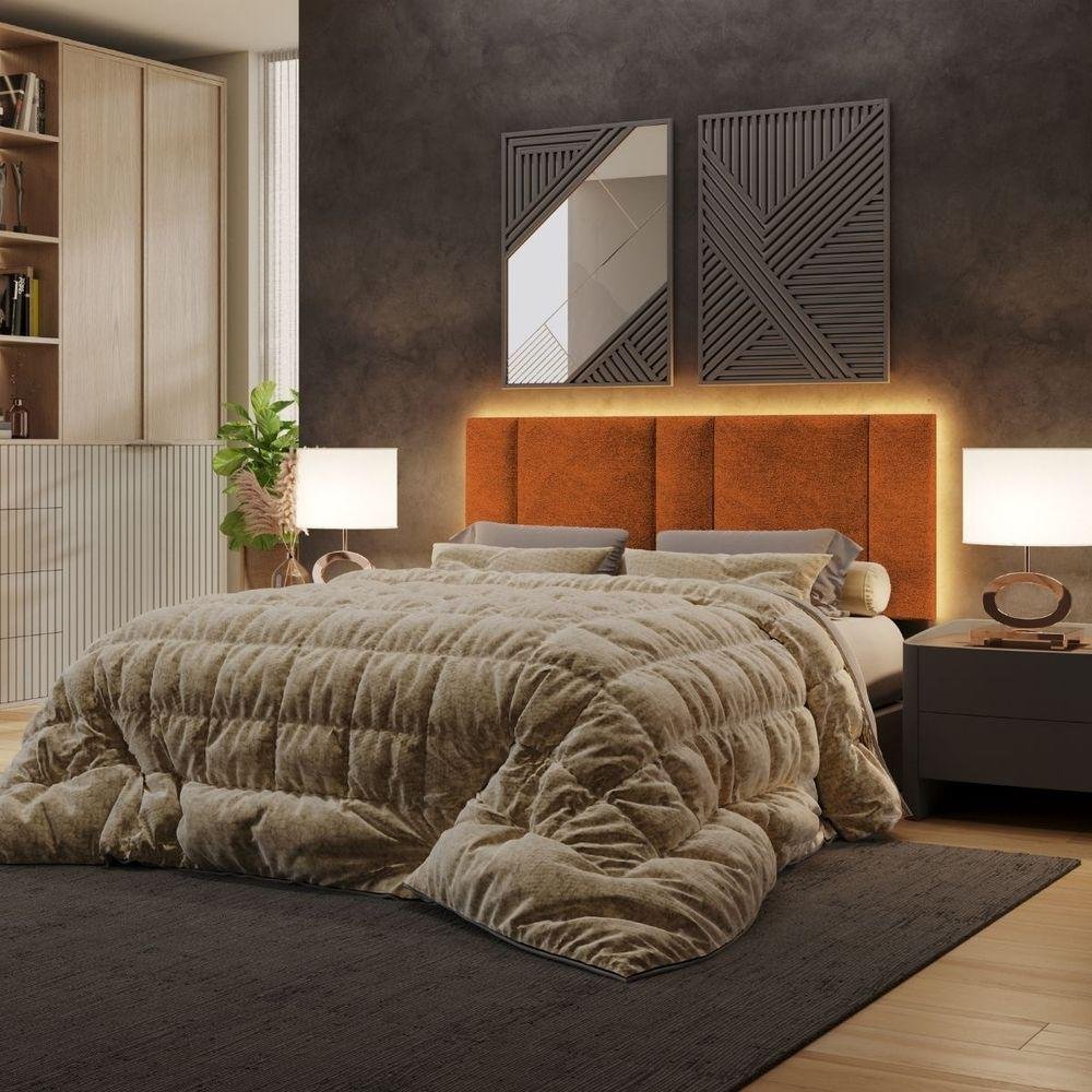 Cabeceira Estofada Cama Casal Queen Size Led Star 160cm Bouclé Terracota