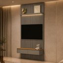 Ver imagem 3 de Painel Ripado para TV 60 pol com Bancada Orgânica e Prateleira LED 141cm Slats L05 Tauari Gris