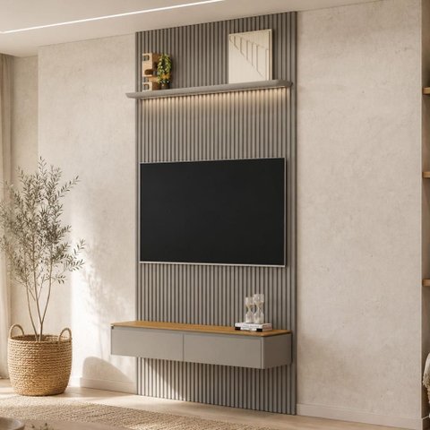 Painel Ripado para TV 60 pol com Bancada Orgânica e Prateleira LED 141cm Slats L05 Tauari Gris