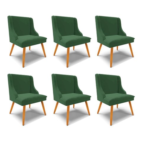 Kit 6 Cadeiras Decorativas Sala de Jantar Pés Palito de Madeira Firenze Veludo Verde/Natural G19 - G