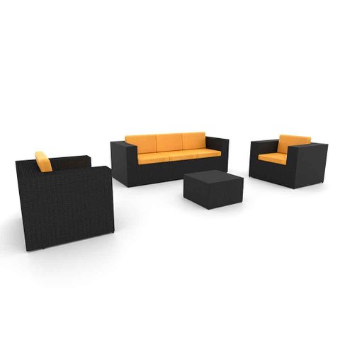 Conjunto de Sofá Fibra Sintética Preta Quadrado - 1 Sofá 3L + 2 Poltronas + 1 Mesa Centro - Tecido L