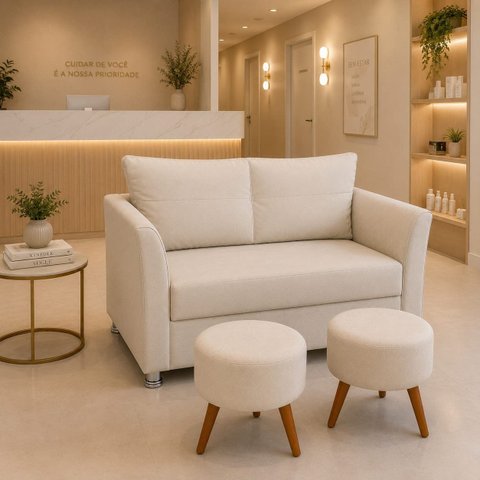 Kit Namoradeira Lisboa 2 Lugares com 2 Puffs Redondos Suede Bege para Conforto e Elegância Luxo