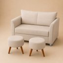 Ver imagem 3 de Kit Namoradeira Lisboa 2 Lugares com 2 Puffs Redondos Suede Bege para Conforto e Elegância Luxo