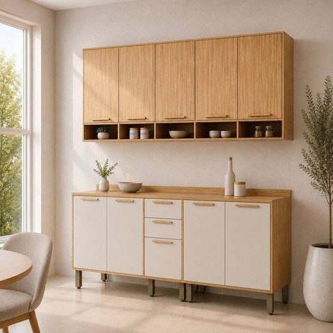 Cozinha Modulada Compacta 4 Peças 10 Portas MDF 200cm Malta Espresso Móveis Bege/Amêndoa/Off-White