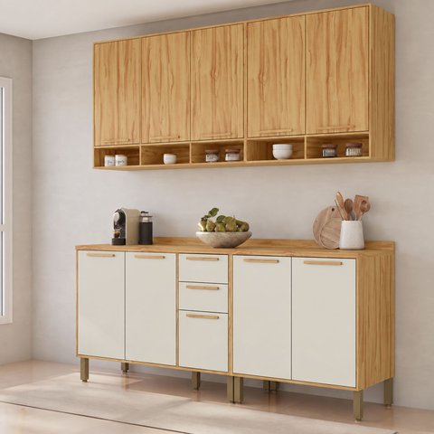 Cozinha Modulada Compacta 4 Peças 10 Portas MDF 200cm Malta Espresso Móveis Bege/Amêndoa/Off-White