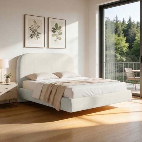 Cama Queen Flutuante com Cabeceira 160cm Aura W01 Linho Cru - Lyam Decor