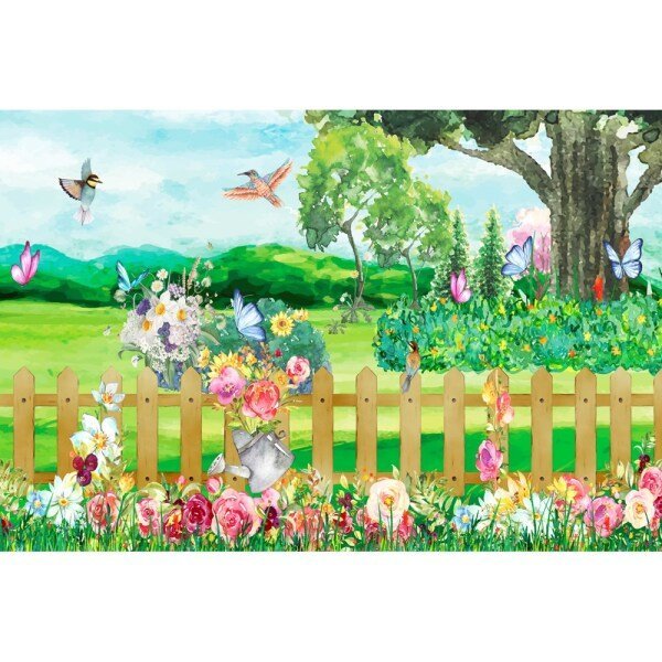 Painel De Lona Jardim Aquarela Pássaros e Borboletas MadeiraMadeira