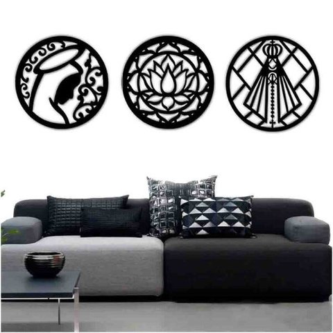 Kit 3 Mandalas Decorativas 60x60cm Vazado - Mdf:Preto