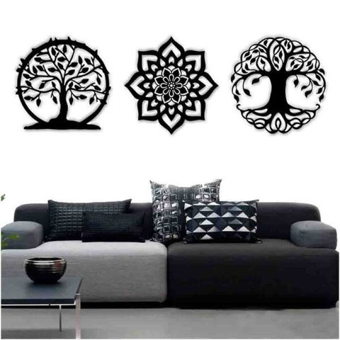 Kit 3 Mandalas Decorativas 40x40cm Vazado - MDF:Preto